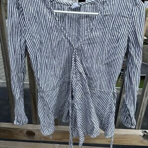 Old Navy White and Blue Long Sleeve Tie Front Blouse